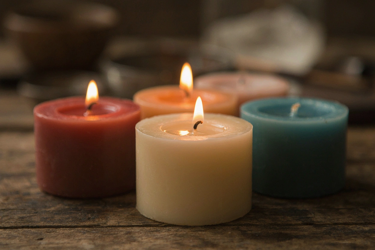Bougies moulées maison de plusieurs couleurs sur une table en bois, lumière douce