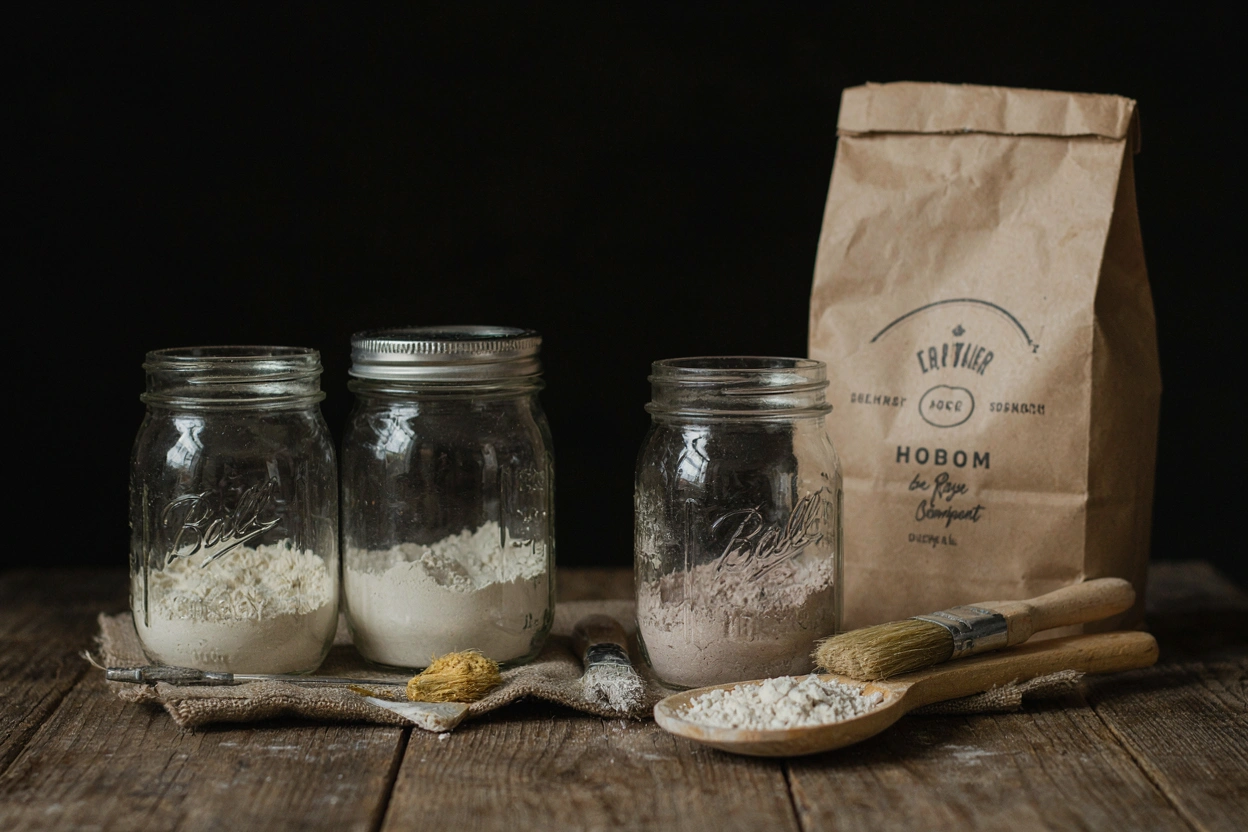 Peinture maison à la farine dans des bocaux avec sac de farine et pigments naturels